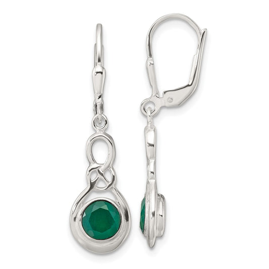 QE17431 Sterling Silver Polished Green Onyx Knot Leverback Dangle Earrings