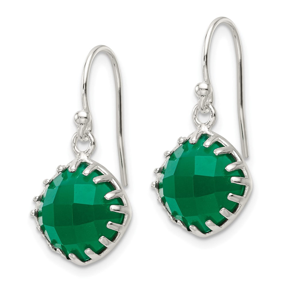 QE17432 Sterling Silver Polished Checkerboard Green Onyx Cushion Dangle Earrings