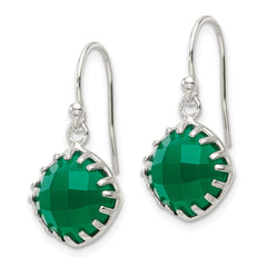 QE17432 Sterling Silver Polished Checkerboard Green Onyx Cushion Dangle Earrings