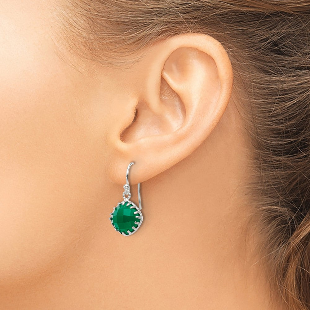 QE17432 Sterling Silver Polished Checkerboard Green Onyx Cushion Dangle Earrings