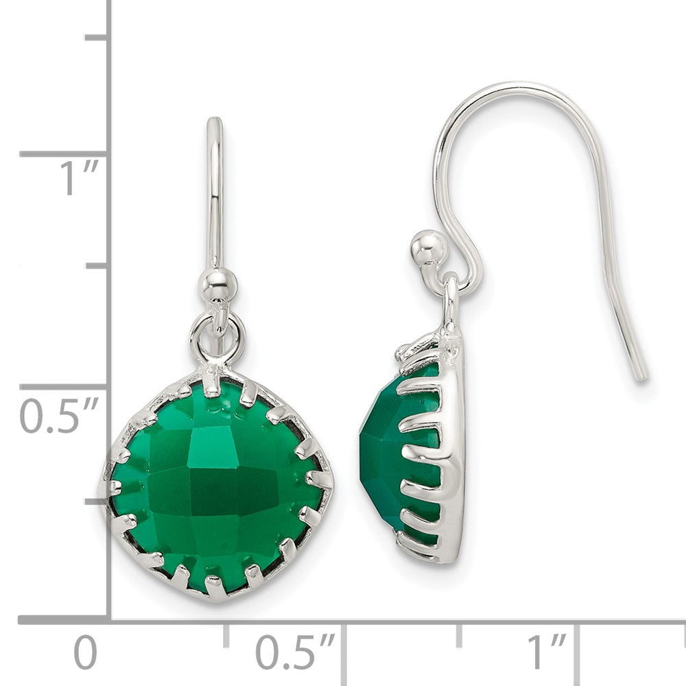 QE17432 Sterling Silver Polished Checkerboard Green Onyx Cushion Dangle Earrings