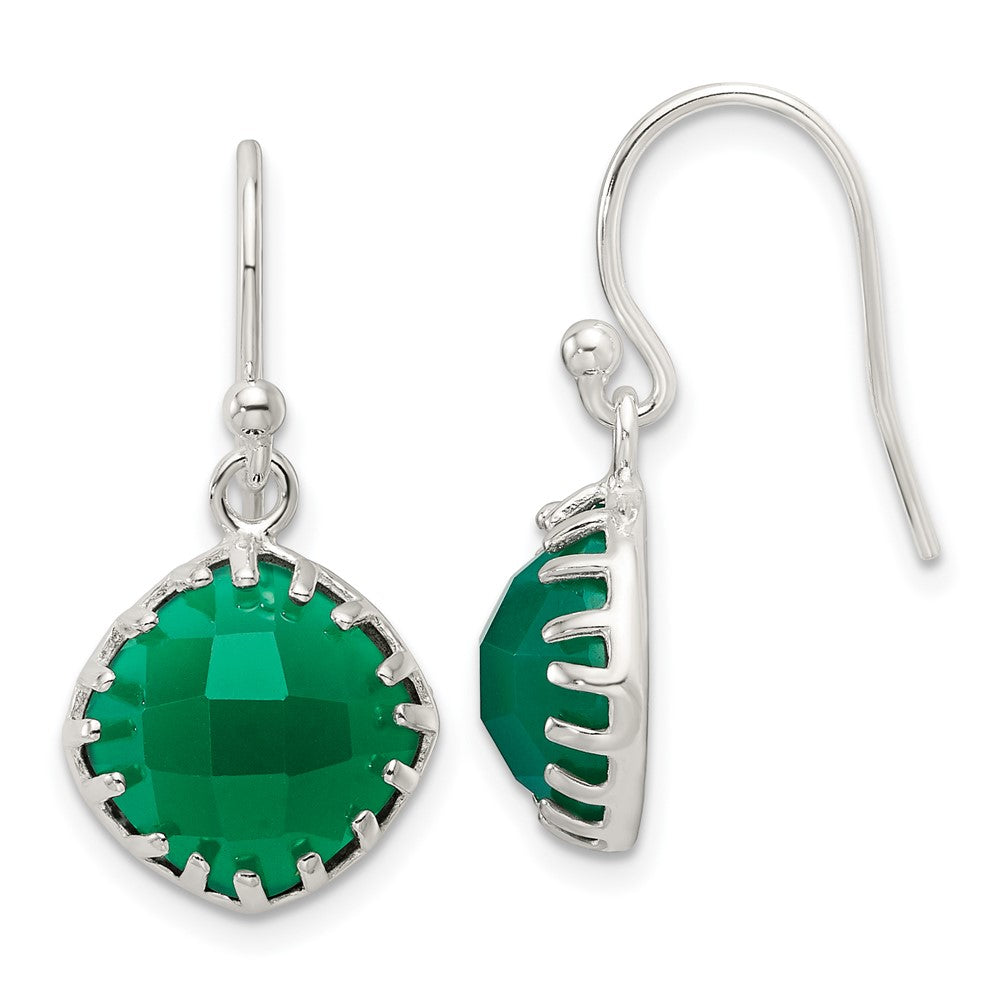 QE17432 Sterling Silver Polished Checkerboard Green Onyx Cushion Dangle Earrings