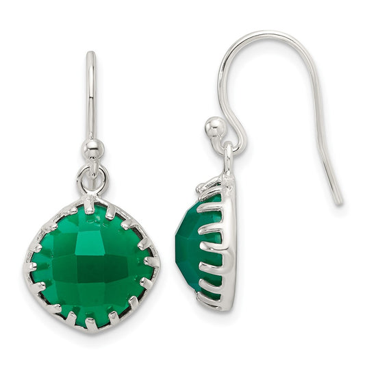 QE17432 Sterling Silver Polished Checkerboard Green Onyx Cushion Dangle Earrings