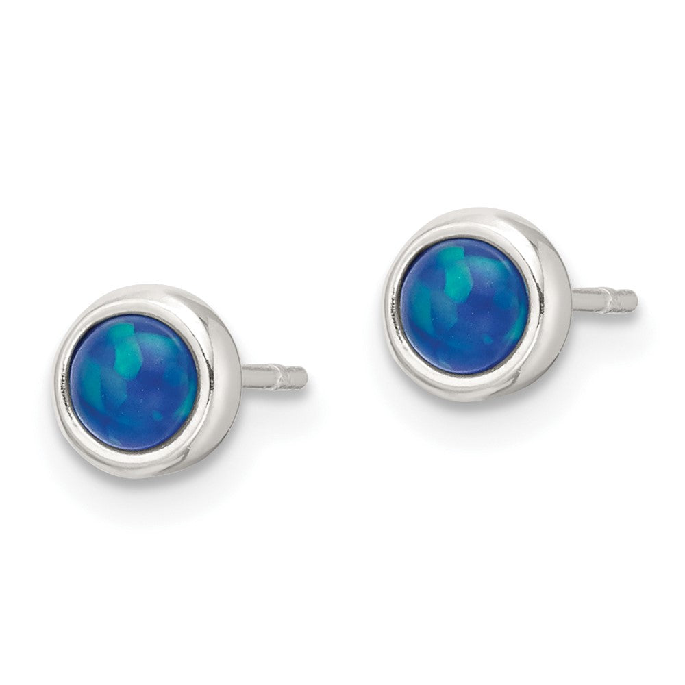 QE17435 Sterling Silver Polished Blue Cabochon Opal Bezel Stud Earrings