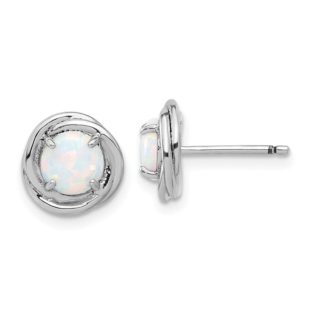 QE17439 Sterling Silver Rhod-plated Polished Created Opal Swirl Circle Post Earring