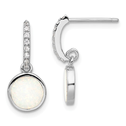 QE17443 Sterling Silver RH-plated Polished CZ & Created Opal Post Dangle Earrings