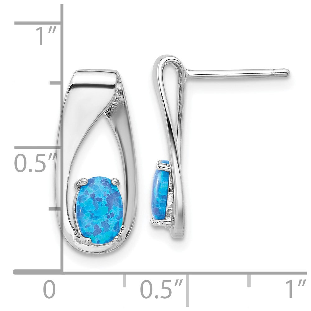 QE17446 Sterling Silver Rhod-plated Polished Blue Created Opal Oval Post Earrings