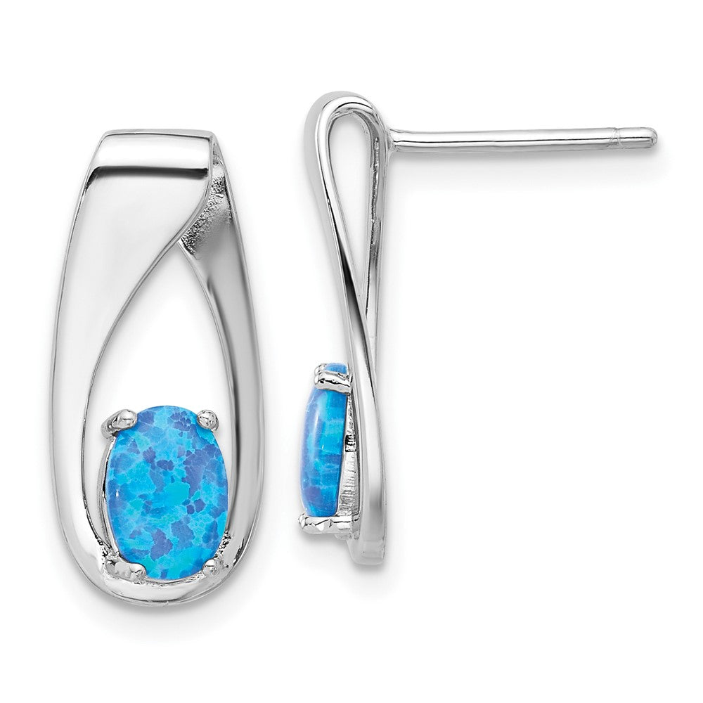 QE17446 Sterling Silver Rhod-plated Polished Blue Created Opal Oval Post Earrings