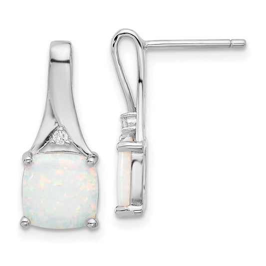 QE17447 Sterling Silver Rhodium-plated Polished CZ & Created Opal Post Earrings