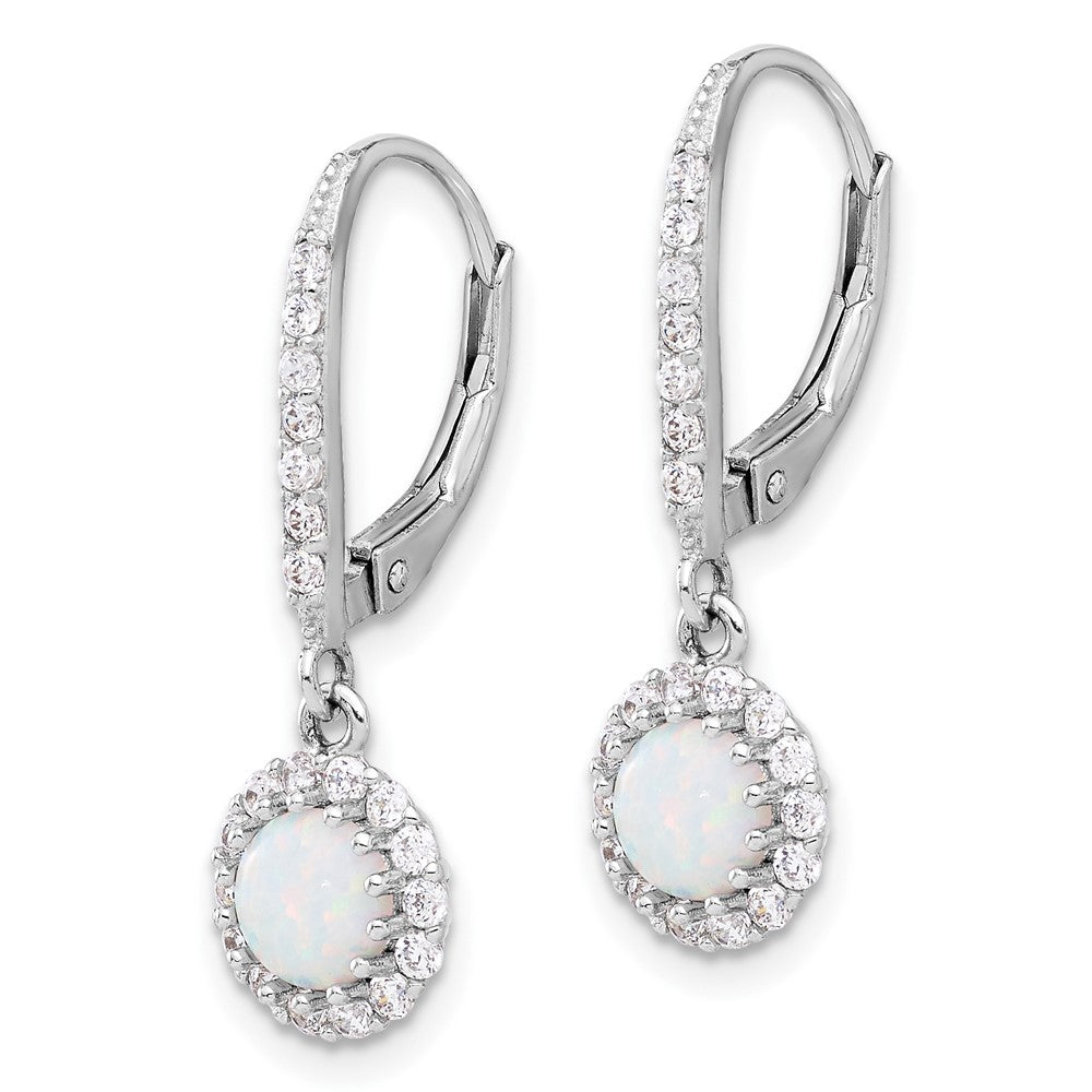 QE17449 Sterling Silver RH-plated CZ & Cr. Opal Halo Dangle Leverback Earrings