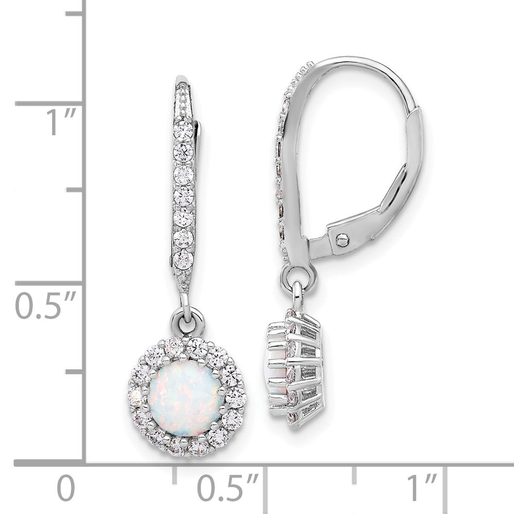 QE17449 Sterling Silver RH-plated CZ & Cr. Opal Halo Dangle Leverback Earrings