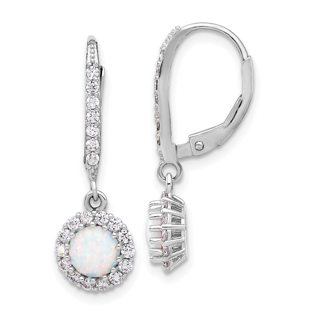 QE17449 Sterling Silver RH-plated CZ & Cr. Opal Halo Dangle Leverback Earrings