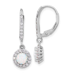 QE17449 Sterling Silver RH-plated CZ & Cr. Opal Halo Dangle Leverback Earrings