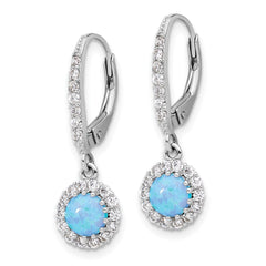QE17450 Sterling Silver RH-plated CZ & Blue Cr. Opal Halo Dangle Leverback Earrings
