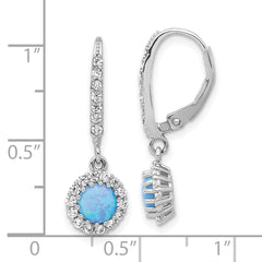 QE17450 Sterling Silver RH-plated CZ & Blue Cr. Opal Halo Dangle Leverback Earrings