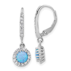 QE17450 Sterling Silver RH-plated CZ & Blue Cr. Opal Halo Dangle Leverback Earrings