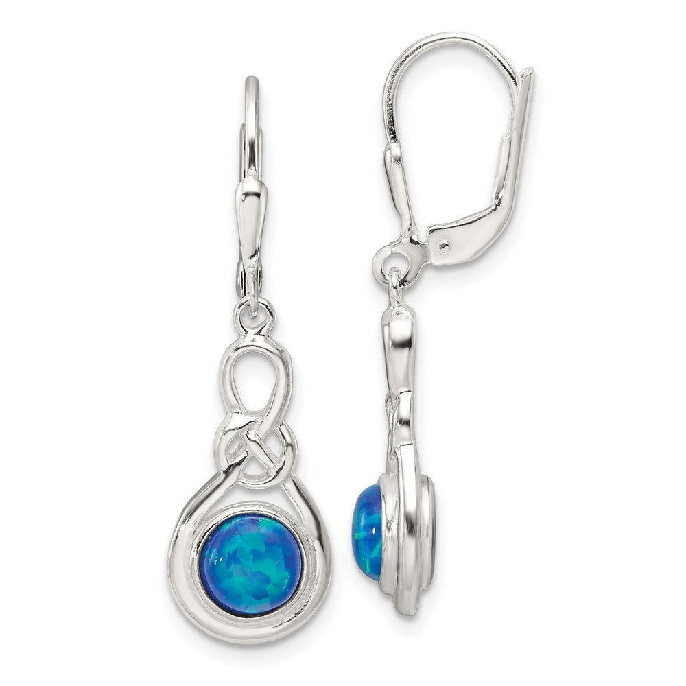 QE17451 Sterling Silver Polished Blue Opal Knot Leverback Dangle Earrings