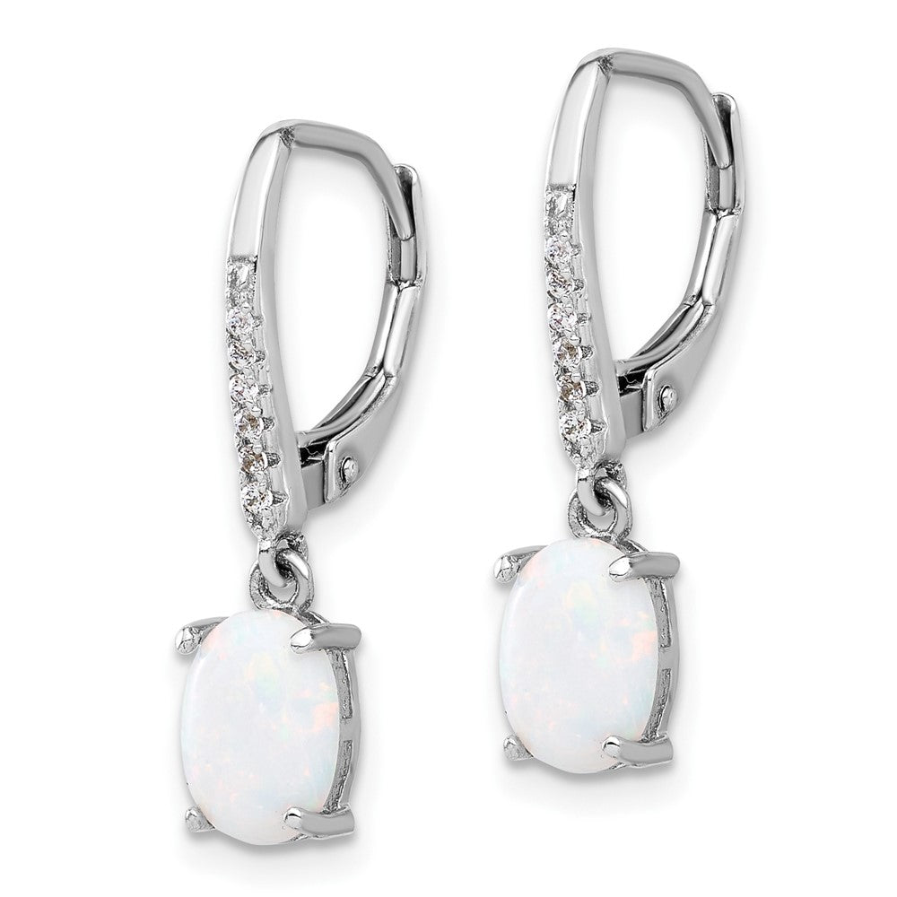 QE17453 Sterling Silver RH-plated CZ & Oval Cr. Opal Leverback Dangle Earrings