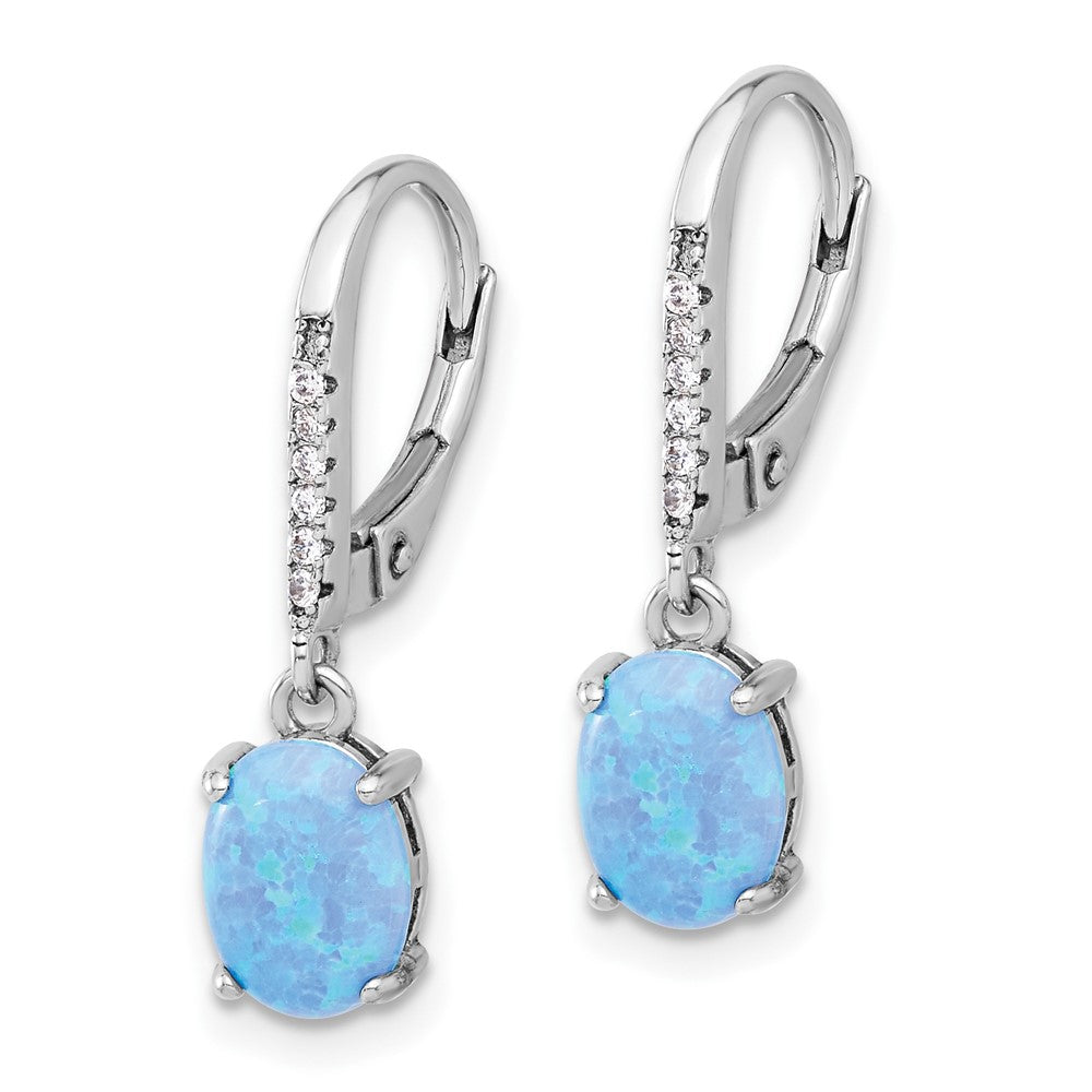 QE17454 Sterling Silver RH-plated CZ & Oval Blue Cr. Opal Leverback Dangle Earrings