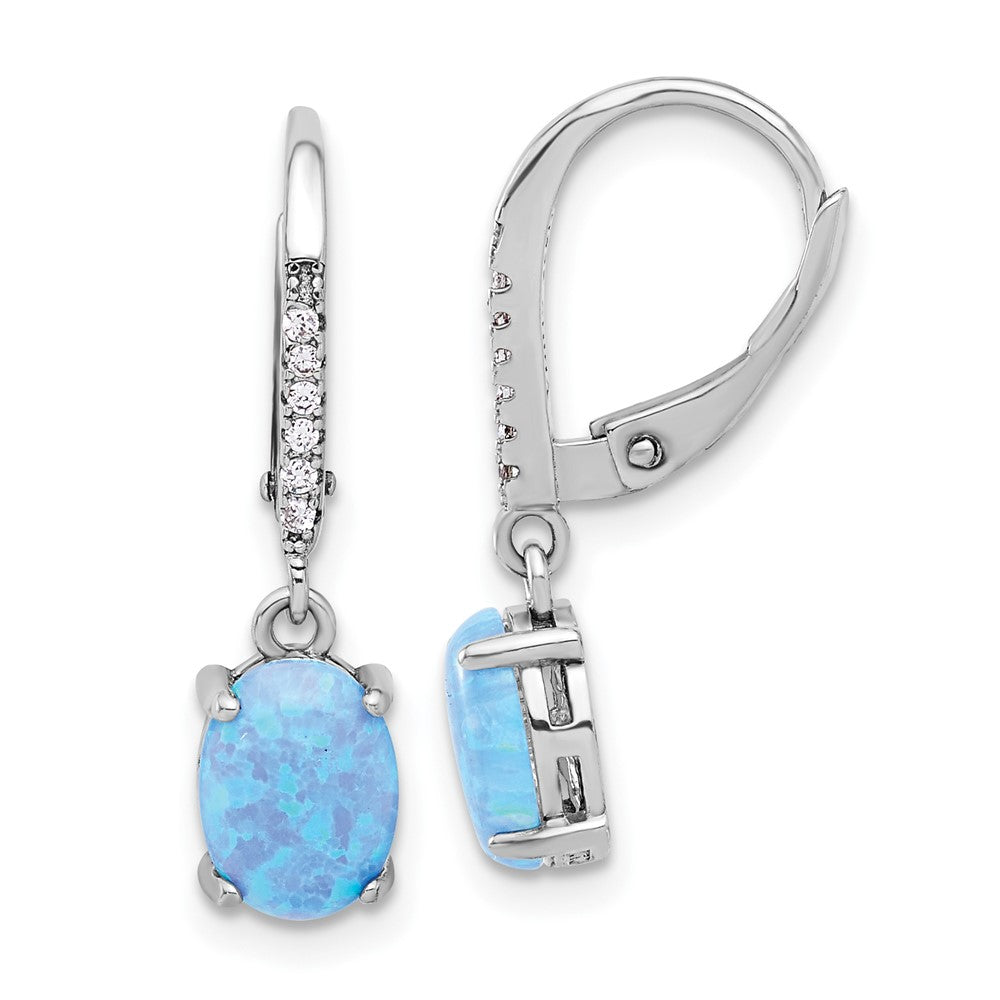 QE17454 Sterling Silver RH-plated CZ & Oval Blue Cr. Opal Leverback Dangle Earrings