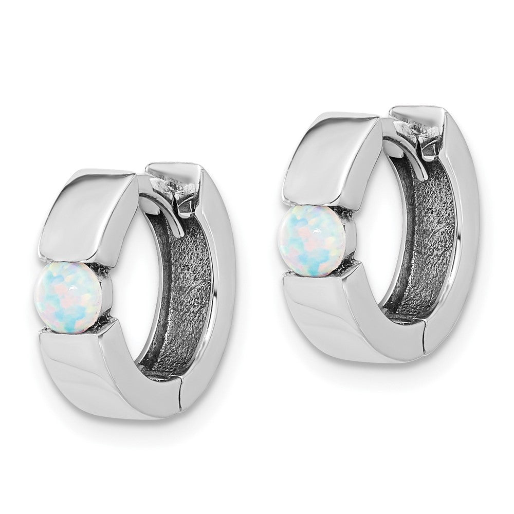 QE17456 Sterling Silver RH-plated Polished Cr. Opal Hinged Round Hoop Earrings