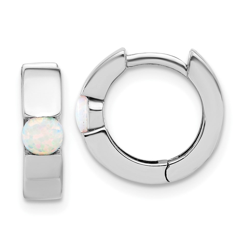 QE17456 Sterling Silver RH-plated Polished Cr. Opal Hinged Round Hoop Earrings