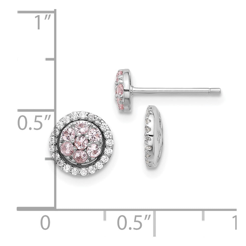 QE17464 Sterling Silver RH-pltd Pink Crystal Cluster w/ CZ Halo Jacket Post Earring