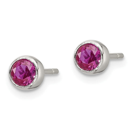 QE17465 Sterling Silver Polished Pink CZ Round Bezel Stud Earrings