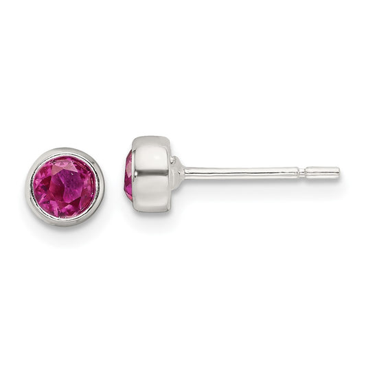 QE17465 Sterling Silver Polished Pink CZ Round Bezel Stud Earrings