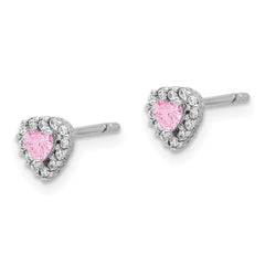 QE17497 Sterling Silver Rhodium-plated Clear and Pink CZ Heart Post Earrings