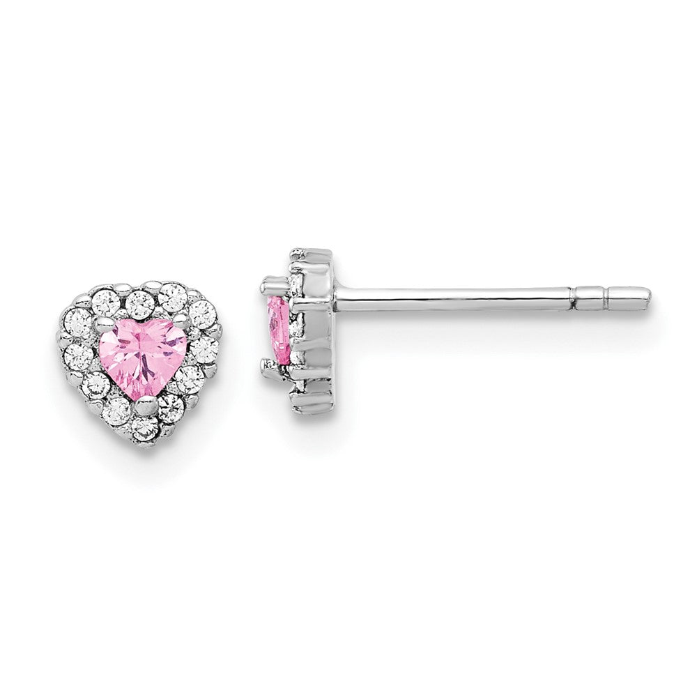 QE17497 Sterling Silver Rhodium-plated Clear and Pink CZ Heart Post Earrings