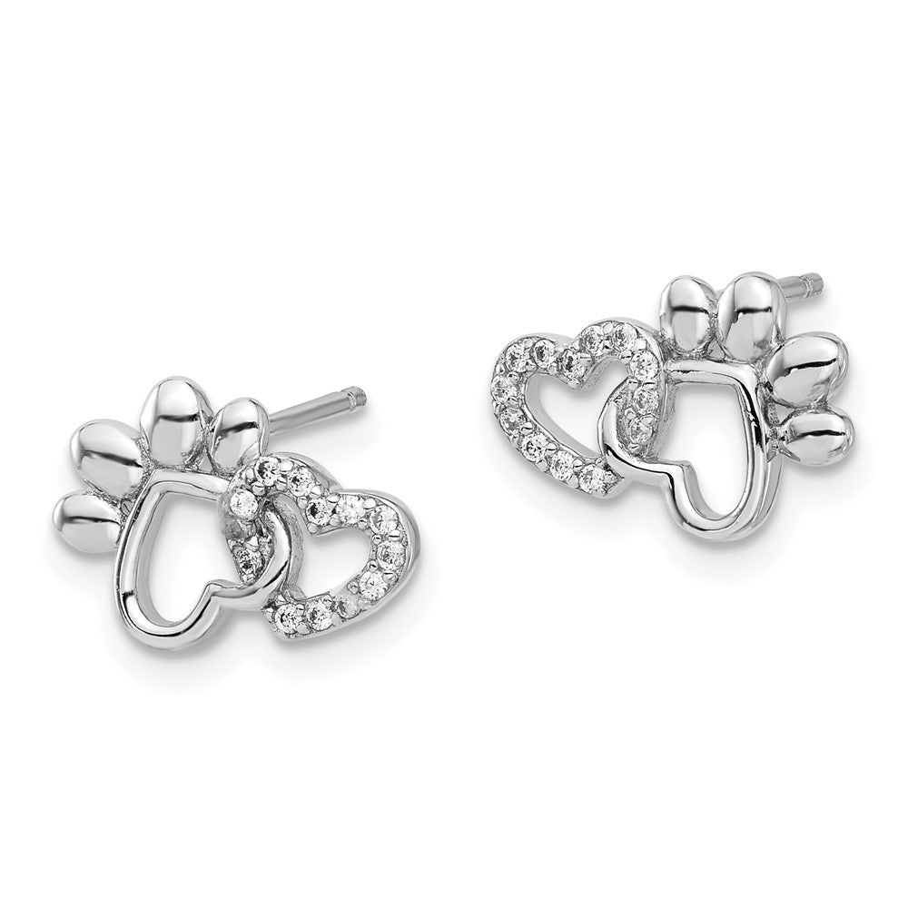 QE17519 Sterling Silver Rhodium-plated with CZ Hearts and Paw Print Post Earrings