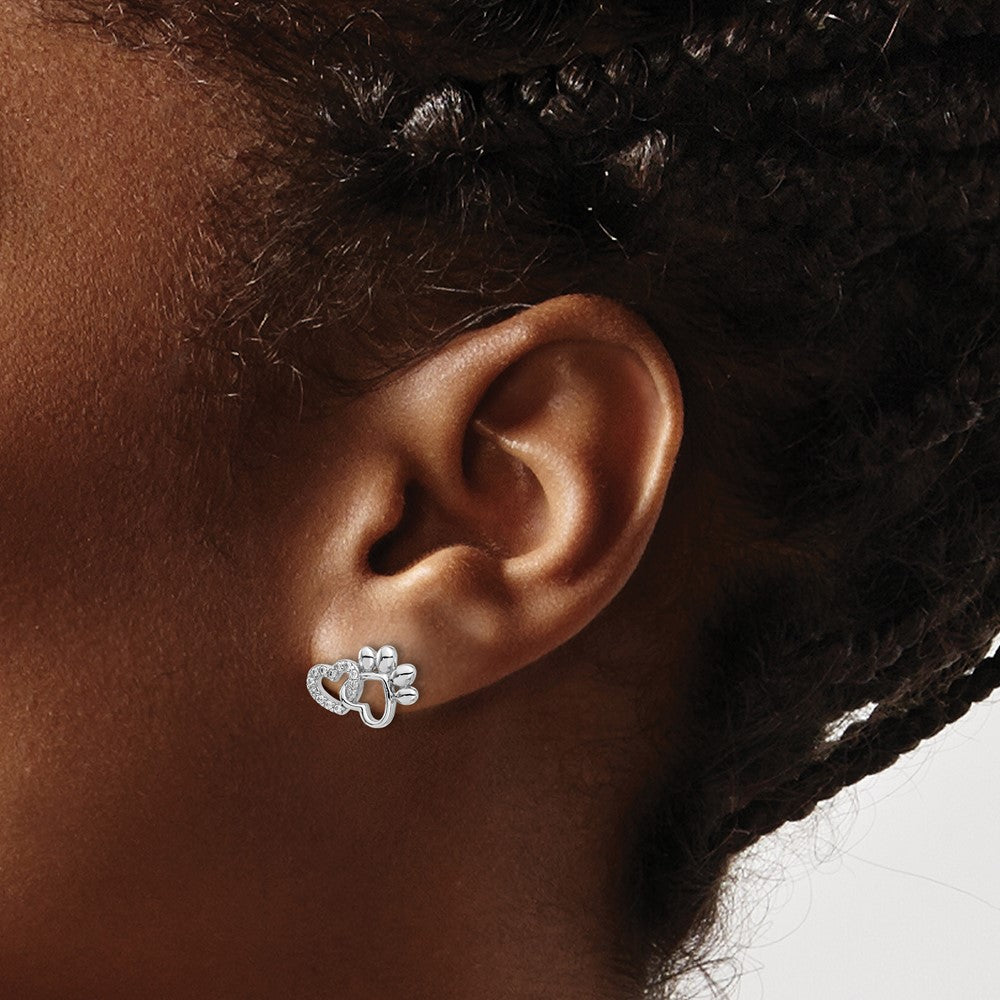 QE17519 Sterling Silver Rhodium-plated with CZ Hearts and Paw Print Post Earrings