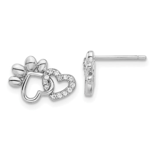 QE17519 Sterling Silver Rhodium-plated with CZ Hearts and Paw Print Post Earrings