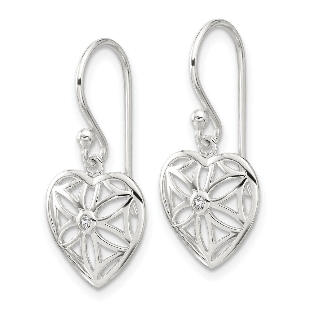 QE17530 Sterling Silver E-coated with CZ Heart Shepherd Hook Dangle Earrings
