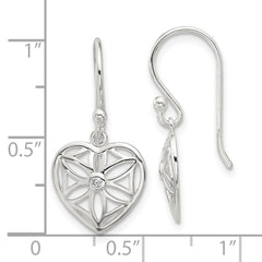 QE17530 Sterling Silver E-coated with CZ Heart Shepherd Hook Dangle Earrings