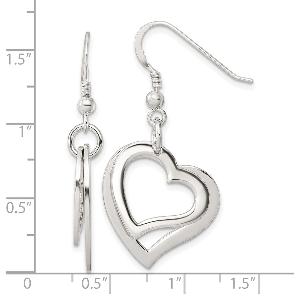 QE17533 Sterling Silver Polished Two piece Open Heart Shepherd Hook Earrings