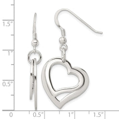 QE17533 Sterling Silver Polished Two piece Open Heart Shepherd Hook Earrings
