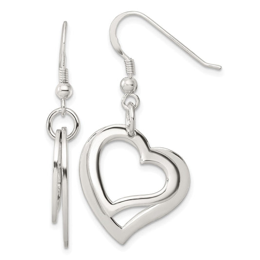 QE17533 Sterling Silver Polished Two piece Open Heart Shepherd Hook Earrings