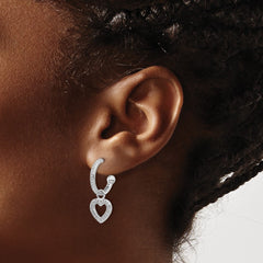 QE17534 Sterling Silver Rhod-plated Polished CZ Dangle Heart Hoop Post Earrings