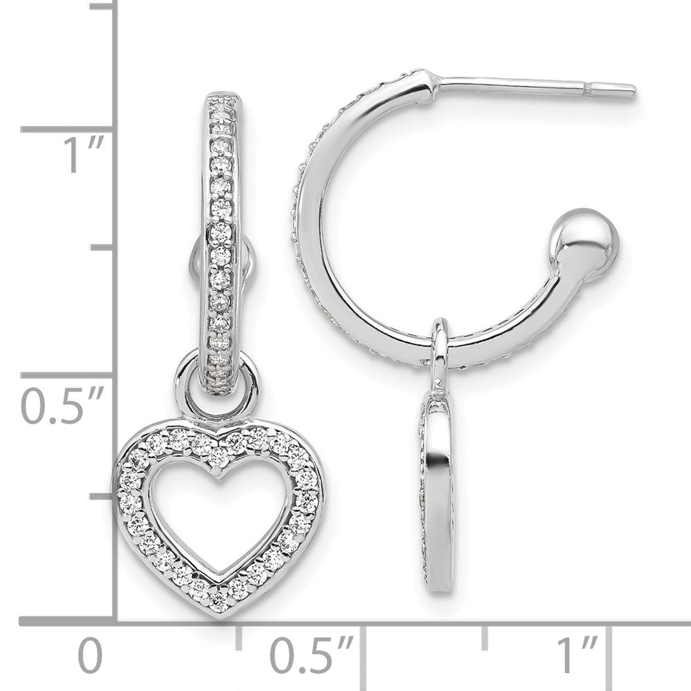 QE17534 Sterling Silver Rhod-plated Polished CZ Dangle Heart Hoop Post Earrings