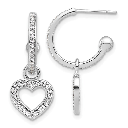 QE17534 Sterling Silver Rhod-plated Polished CZ Dangle Heart Hoop Post Earrings