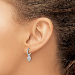 QE17535 Sterling Silver Rhodium-plated CZ Heart Dangle Hinged Hoop Earrings