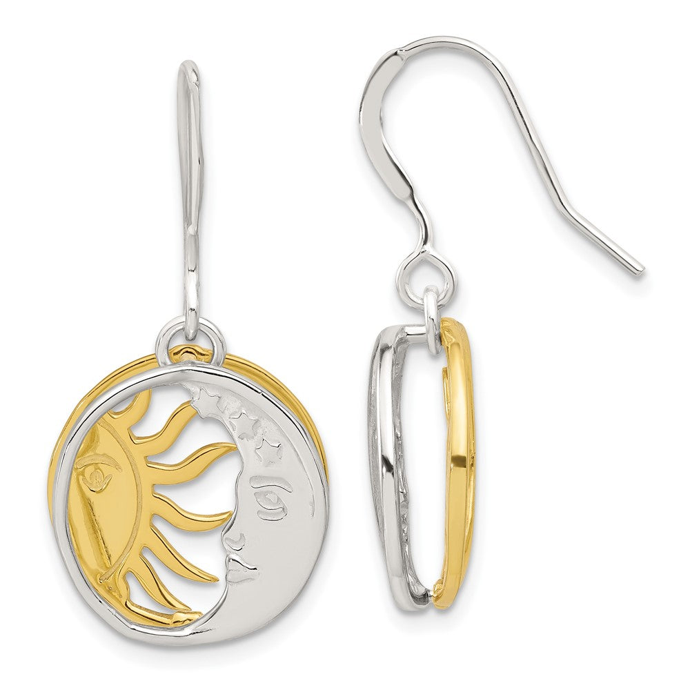 QE17552 Sterling Silver Gold Tone Sun and Moon Dangle Earrings