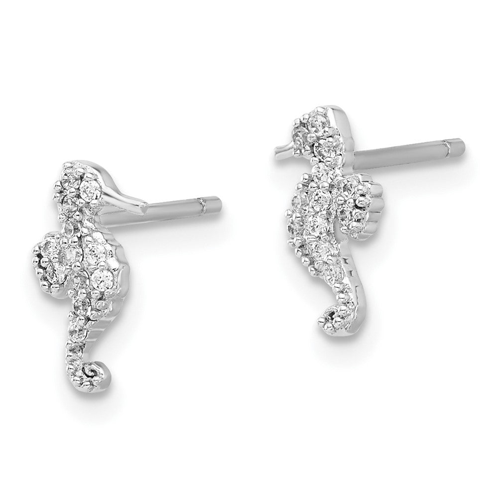 QE17557 Sterling Silver Rhodium-plated Polished CZ Seahorse Post Earrings
