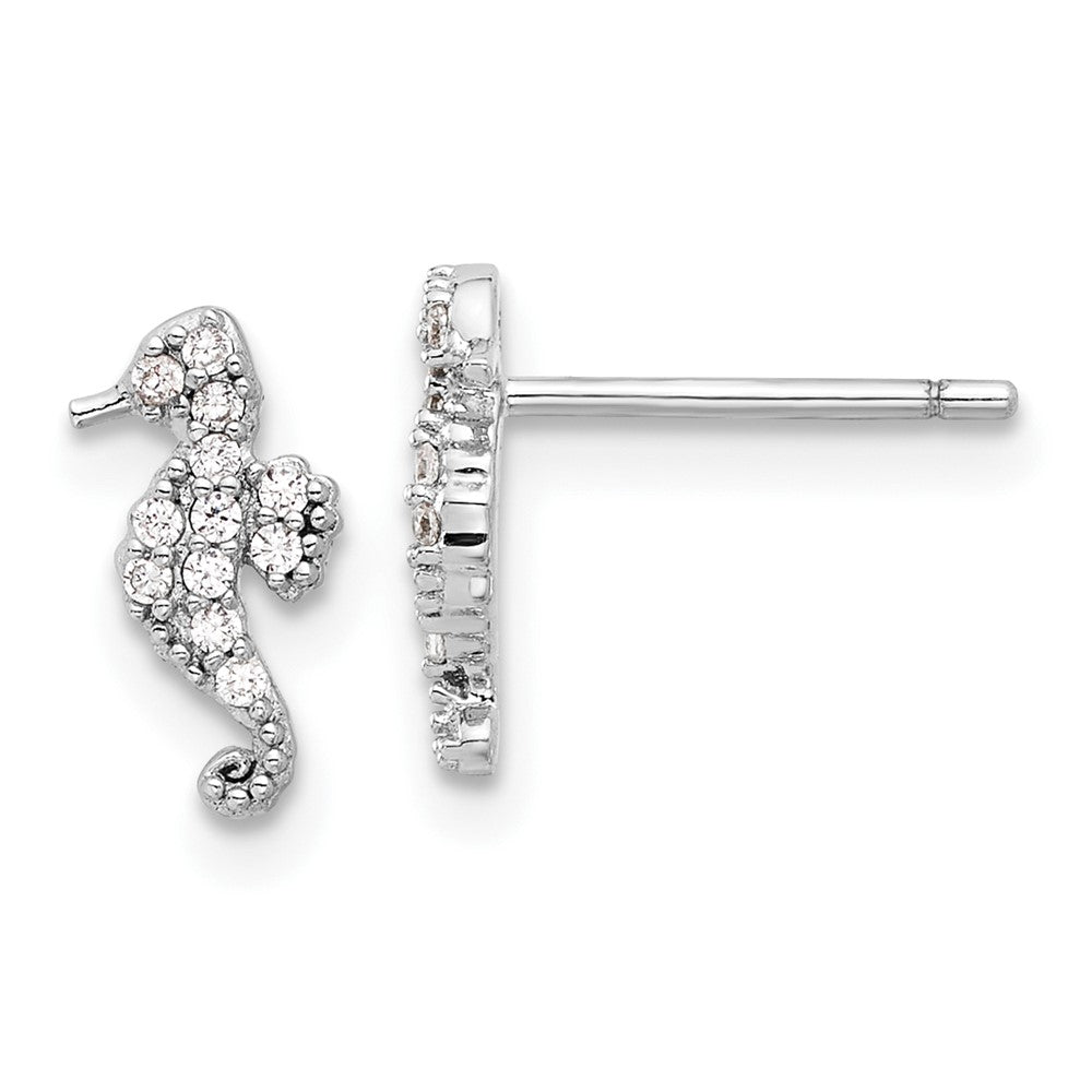 QE17557 Sterling Silver Rhodium-plated Polished CZ Seahorse Post Earrings