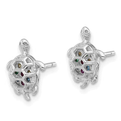 QE17563 Sterling Silver Rhodium-plated Polished Multi-color CZ Turtle Post Earrings