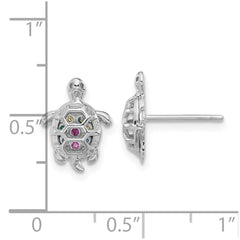 QE17563 Sterling Silver Rhodium-plated Polished Multi-color CZ Turtle Post Earrings