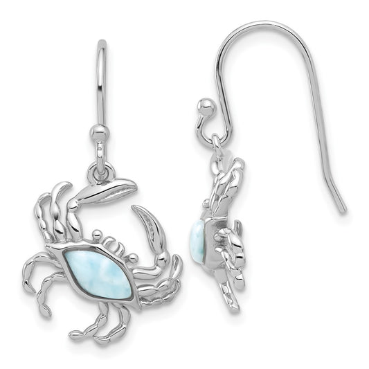 QE17564 Sterling Silver Rhodium-plated Polished Larimar Crab Dangle Shepherd Hook Earrings