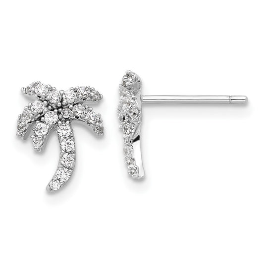 QE17571 Sterling Silver Rhodium-plated CZ Palm Tree Post Earrings